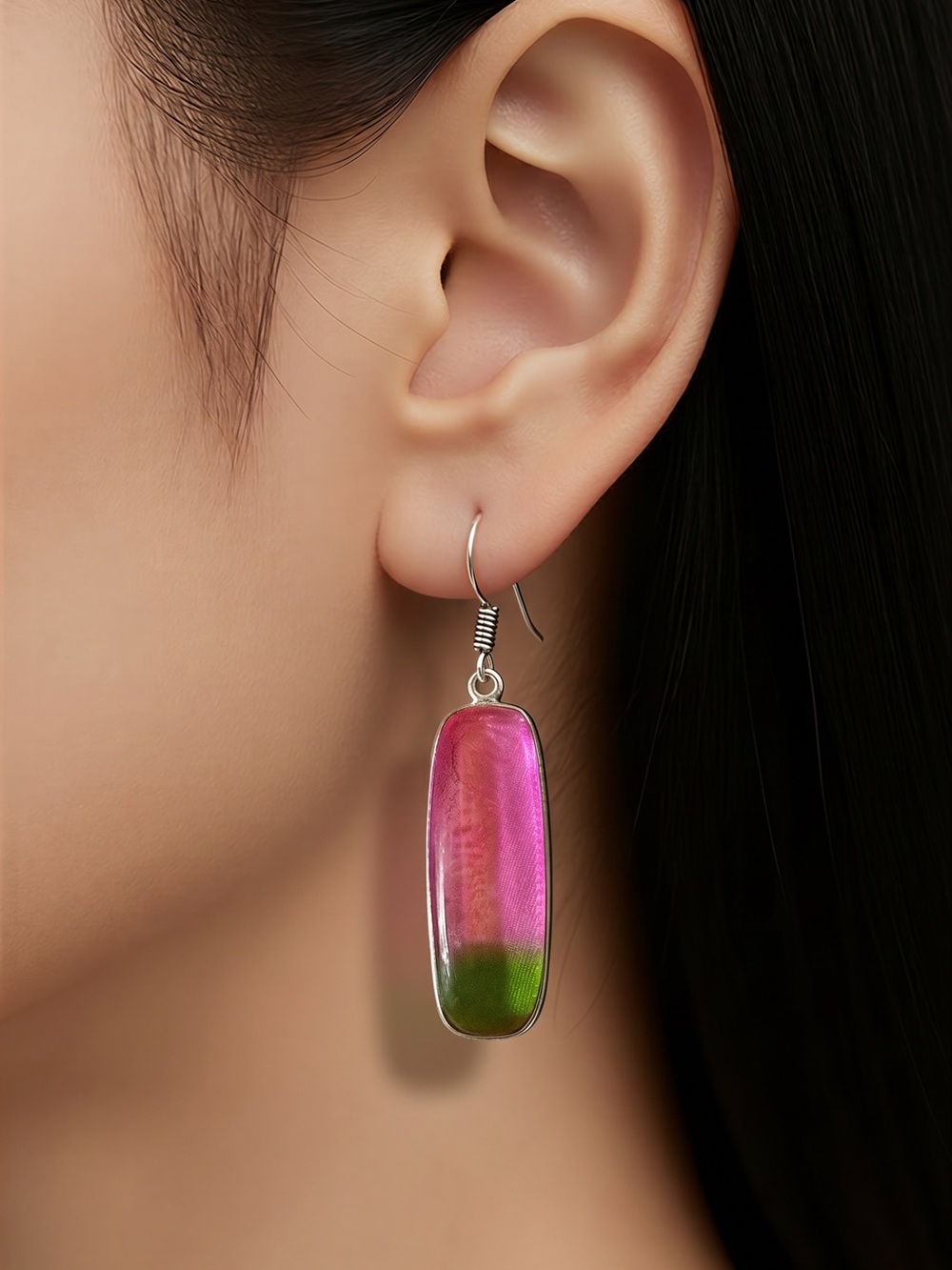 Sterling Watermelon Bi Color Tourmaline  Rectangular Drop Earrings